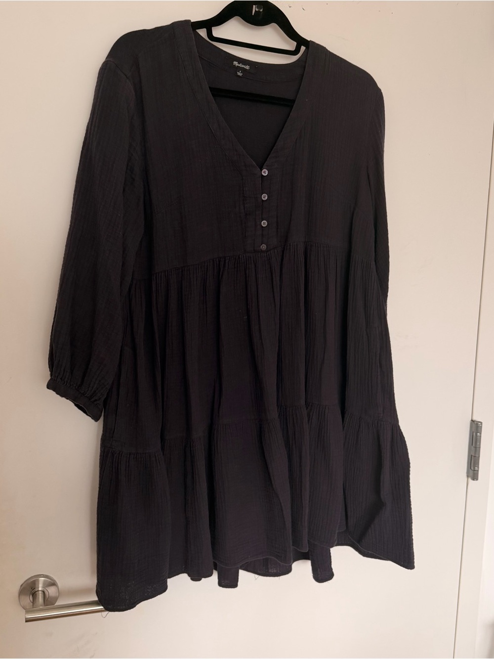 Madewell Black Gauze V-Neck Tiered Tunic Dress